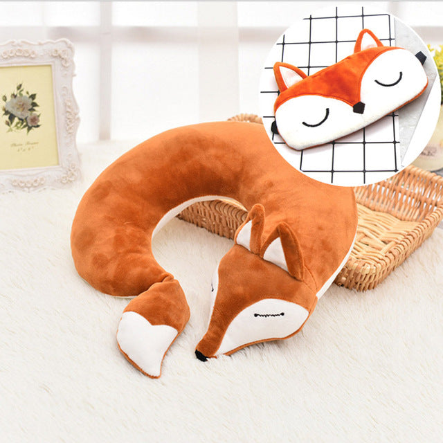 HazyBeauty Lovely Fox Animal Cotton Plush U Shape Neck Pillow Travel Car Home Pillow Nap Pillow Health Care with Eye Mask