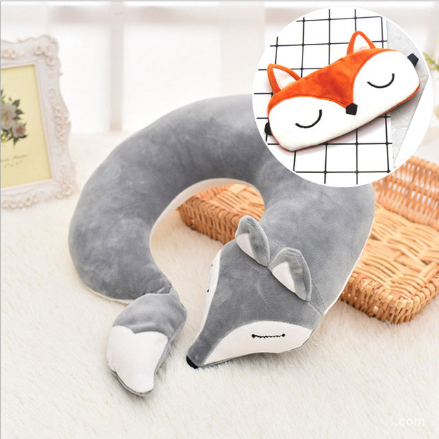 HazyBeauty Lovely Fox Animal Cotton Plush U Shape Neck Pillow Travel Car Home Pillow Nap Pillow Health Care with Eye Mask