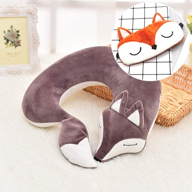 HazyBeauty Lovely Fox Animal Cotton Plush U Shape Neck Pillow Travel Car Home Pillow Nap Pillow Health Care with Eye Mask