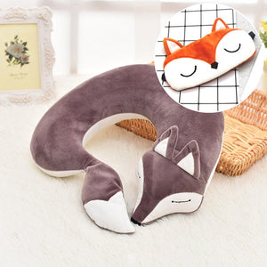 HazyBeauty Lovely Fox Animal Cotton Plush U Shape Neck Pillow Travel Car Home Pillow Nap Pillow Health Care with Eye Mask