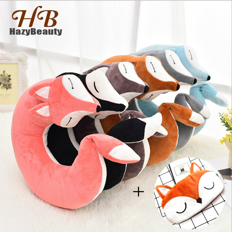 HazyBeauty Lovely Fox Animal Cotton Plush U Shape Neck Pillow Travel Car Home Pillow Nap Pillow Health Care with Eye Mask