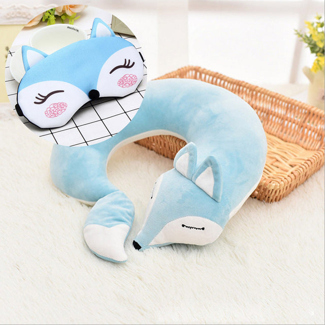 HazyBeauty Lovely Fox Animal Cotton Plush U Shape Neck Pillow Travel Car Home Pillow Nap Pillow Health Care with Eye Mask