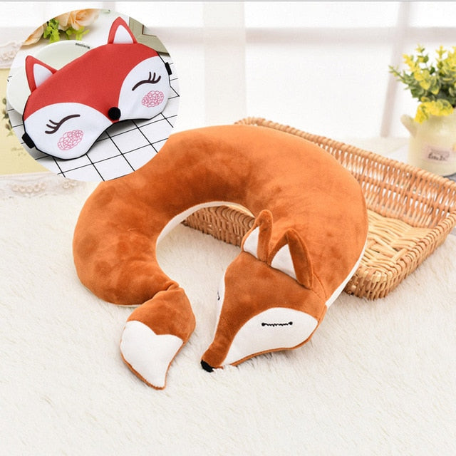 HazyBeauty Lovely Fox Animal Cotton Plush U Shape Neck Pillow Travel Car Home Pillow Nap Pillow Health Care with Eye Mask