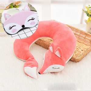 HazyBeauty Lovely Fox Animal Cotton Plush U Shape Neck Pillow Travel Car Home Pillow Nap Pillow Health Care with Eye Mask